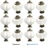 AUXBC 12 Pcs White Pumpkin Knobs, Vintage Ceramic Cabinet Knobs, Decorative DIY Furniture Knobs, Single Hole Drawer Handle Pulls for Drawer Closet Dresser Cupboard Wardrobe with Screws