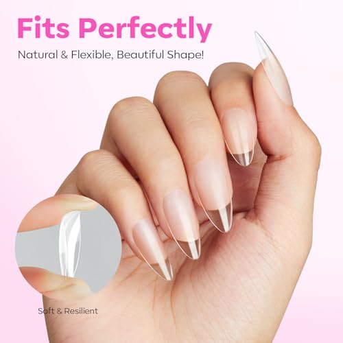 Image of Modelones Pointed Almond Nail Tips Medium Pre-shaped Soft Gel Fake Nails | Acrylic Clear Full Cover Press on Extension Kit Gel Manicure DIY at Home 216PCS 12Sizes