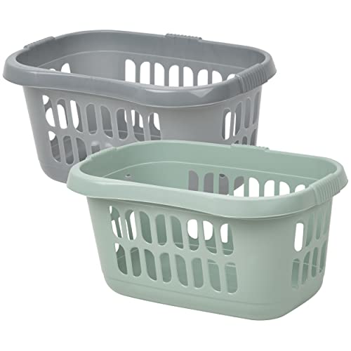 60L Litre Silver & Silver Sage Hipster Laundry Basket Large Plastic Storage Basket Washing Basket For Storage Clothes Laundry Hamper Toys Organiser For Bathroom Household