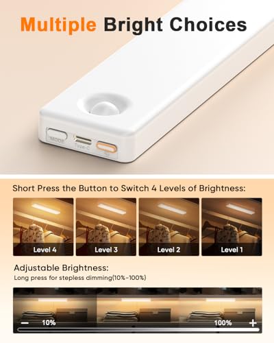 Image of Under Cabinet Lighting, Motion Sensor Light Indoor, Rechargeable Closet Lights Battery Operated and USB, Wireless Dimmable LED Cabinet Lights, Under Counter Lights for Kitchen Warm Color