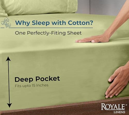 Image of Royale Linen 100% Organic Cotton Fitted Sheet - Percale Weave - Super Soft Deep Pocket Bottom Sheets - Sage Green Elastic Sheet King Cal Size - California King Fitted Sheet - (72 inchx84 inch+15 inch, SageGreen)