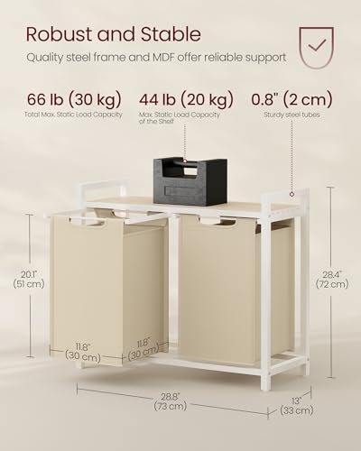Image of VASAGLE Laundry Hamper, Laundry Basket Sorter with 2 Pull-Out and Removable Bags, Shelf, Metal Frame, 2 x 12.1 Gallons (46 L), 28.8 x 13 x 28.4 Inches, Cappuccino Beige and Natural Beige UBLH201LH01