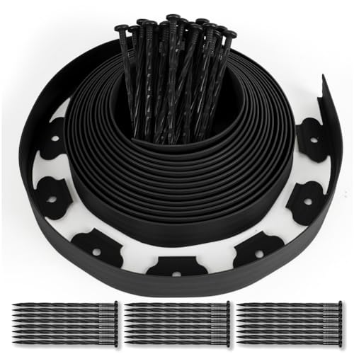 Bordure de Jardin Flexible 10m, Kit Complet avec 50 Piquets - sans Tranchée ! Bordures Pelouse/Parterre en Plastique Recyclé, Hauteur 5cm, Noir - Facile à...
