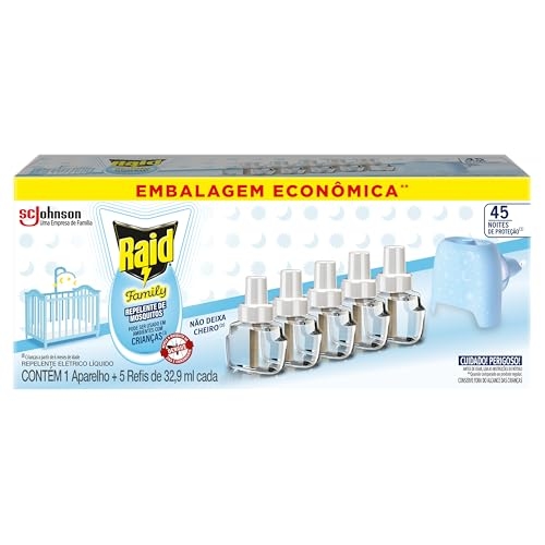 Raid Repelente Eletrico Líquido Family, 45 Noites, Kit 1 Aparelho e 5 Refis de 32,9ml Raid Repelente Eletrico Líquido Family, 45 Noites, Kit 1 Aparelho e 5 Refis de 32,9ml
