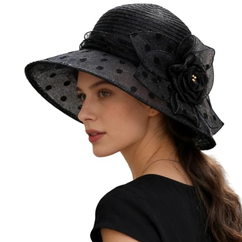 IZUS Womens Organza-Dots-Brim French-Sun-Hat Flower Kentucky-Fascinator-Hat Cocktail Tea Party Wedding Bridal Black