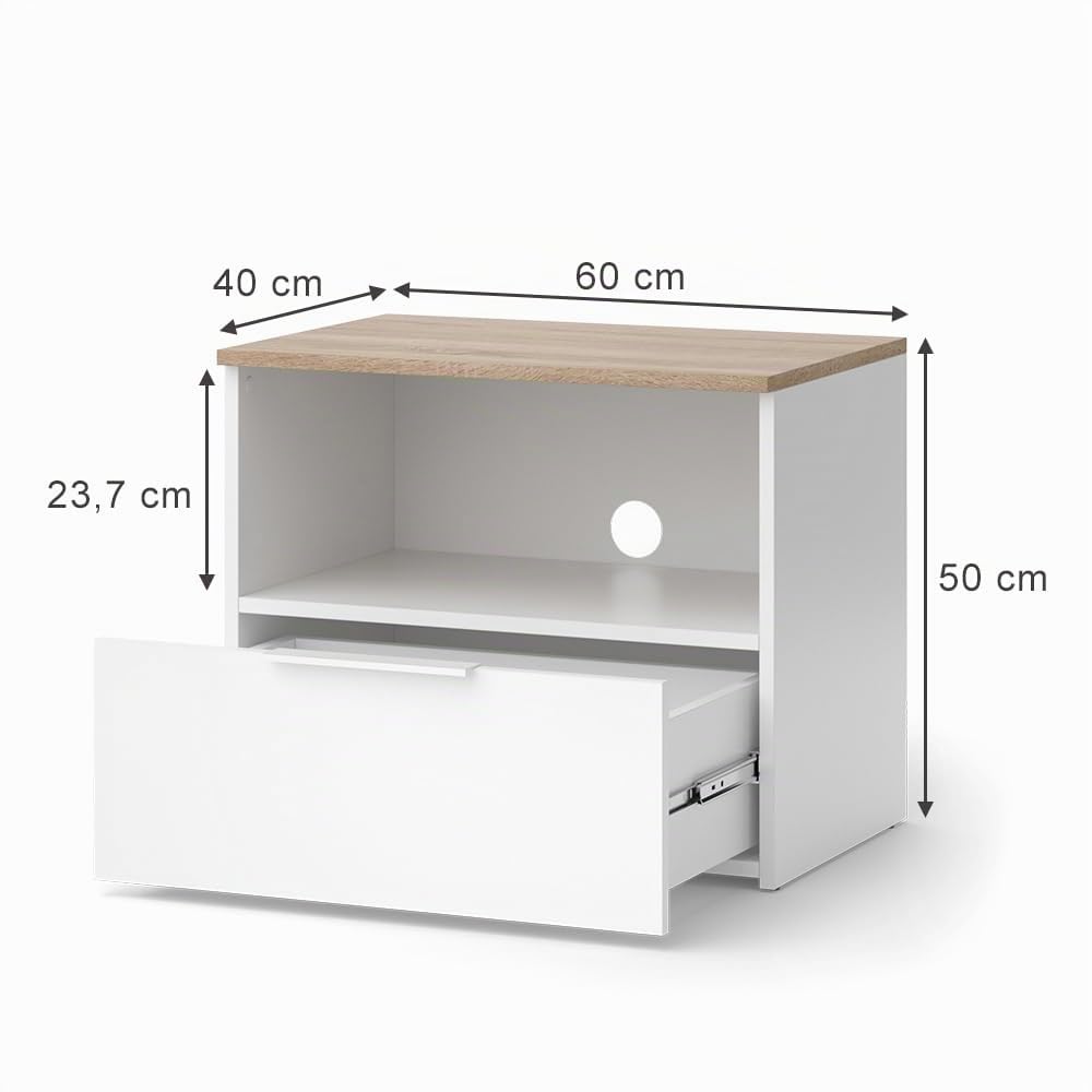 Vicco Mobile tv Wido, Bianco/Sonoma, 60 x 50 cm | con cassetto, adatto per TV fino a 43 pollici, passacavi integrato