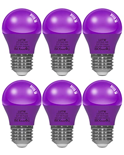 LUTW E27 LED Light Bulb Purple, 40 Watt Equivalent, Lighting Bulbs for Christmas Holiday Halloween Party Decoration, A15/G45 LED Lighting Coloured Bulbs, 5W 450LM Non-Dimmable, Pack of 6