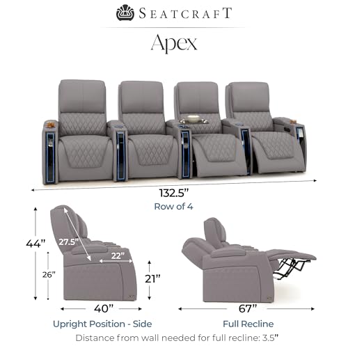 Image of Seatcraft Apex Gray Italian Leather Home Theater Seating, Zero Gravity Power Recliner, Powered Headrest and Lumbar Gaming and Home Office Chair, Lounge Sofa Furniture for Cinema Room, Row of 4