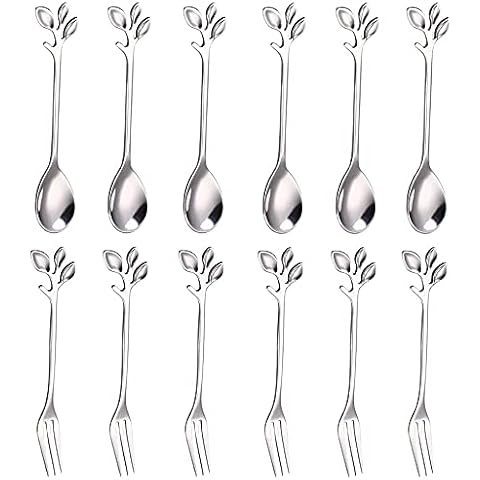 12 Pieces Tea Sugar Spoons, Stainless Steel Dessert Coffee Tea Spoon, Stainless Steel Tea Fork, Appetizer Dessert Forks, Including 6 Spoons and 6 Forks, for Kitchen Tea Parties and Coffee Shops Cover