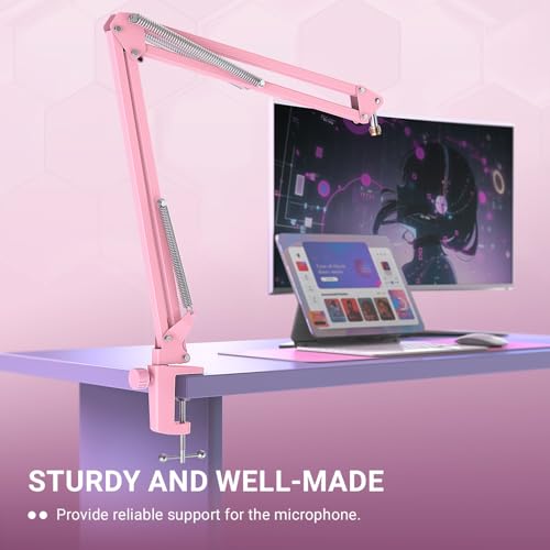 FIFINE Boom Arm Mic Stand, Microphone Arm with Desk Mount for Podcast Streaming Gaming Home Studio, Metal Suspension Scissor Boom Mic Stand-CS1 Pink — view 2