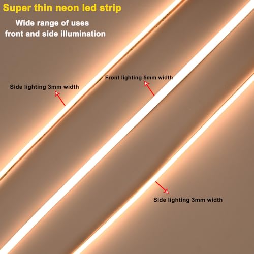 Image of TOPAI Ultra Thin Neon LED Strip Waterproof 3000K Warm White 24V, 5x3mm Triple Sided 180 Lighting, 16.4ft Self Adhesive, CRI>90 320 LED /m Dense Dotless, Flexible & Cuttable (Power Supply Not Included)