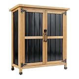 Wood & Metal Outdoor Storage Cabinet with Waterproof Roof, Garden Tool Shed with 4 T-Hinge, 4 Adjustable feet and Magnetic Door, 2 Removable Shelves, Easy Installation, 13.5' D x 34.5' W x 39' H