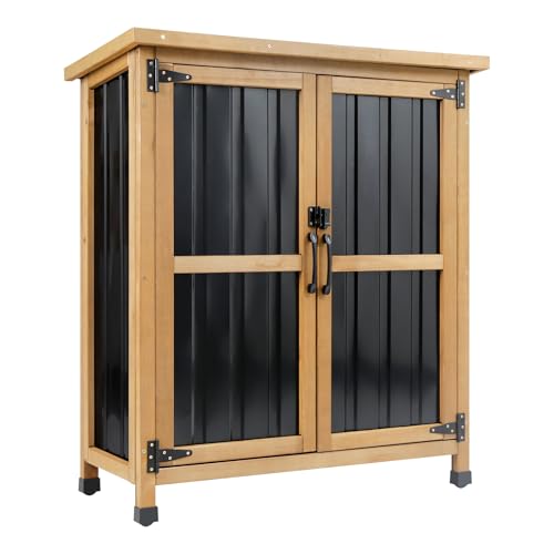Wood & Metal Outdoor Storage Cabinet with Waterproof Roof, Garden Tool Shed with 4 T-Hinge, 4 Adjustable feet and Magnetic Door, 2 Removable Shelves,