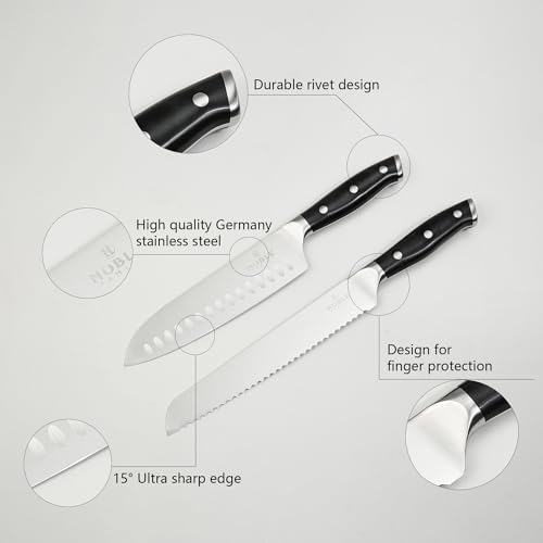 N NOBLE FAMILY Set of 16 Kitchen Knives with Block, Drawer Organizer, Sharpener, Cutting Board, Non-slip Chef Knives, 6 Steak Knives, Black - Image 9