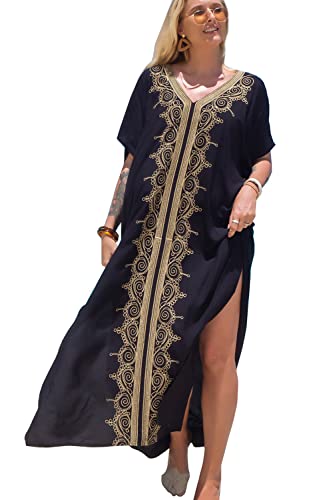YouKD - Vestido de verano de algodón con bordado floral suelto estilo caftán bohemio, ideal para cubrir el bikini en la playa, para mujer, talla grande, Altoa única