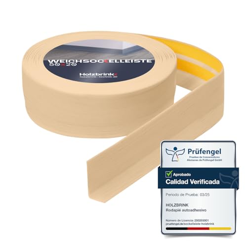 HOLZBRINK Rodapie PVC adhesivo 50x20mm, 10 m | Rodapie flexible para encimera cocina, esquineras pared de baño | Cantoneras adhesivas | Color: pino