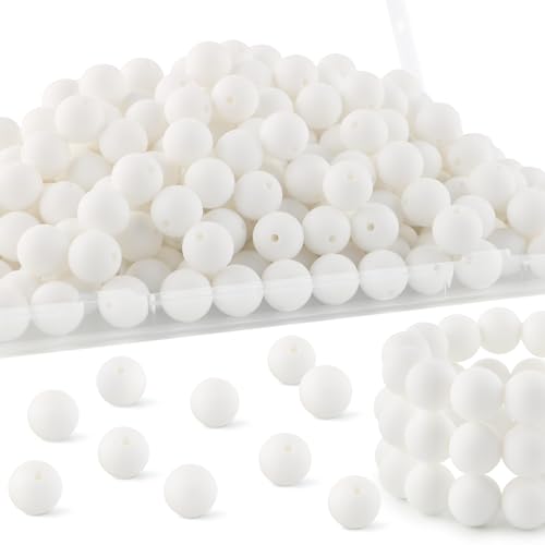 HHCFAST 150Pcs 15mm Silicone Beads for Keychain Making Bracelet Necklace, Bulk Round Silicone Beads for Pens（White）