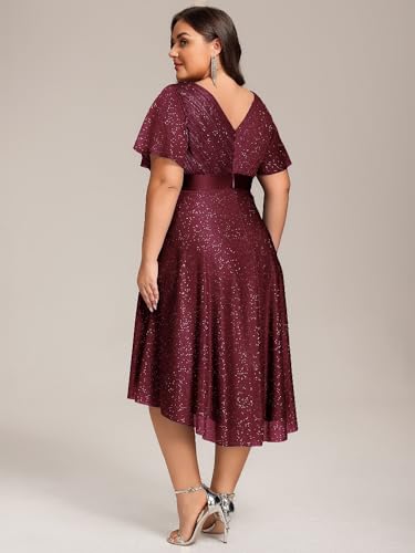 Image of Ever-Pretty Plus Women's Cocktail Party Dress V Neck A Line Glitter Plus Size Formal Wedding Guest Dresses for Curvy Women