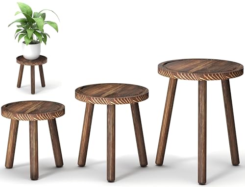 Vecxoty 3-Pack Wood Plant Stands Indoor, Single Plant Stand for 6-12 Inch Pots, Mid-Century Modern Plant Stool, Tall Plant Stand for Large Plants Perfect Fit for Living Room, Balcony, Office