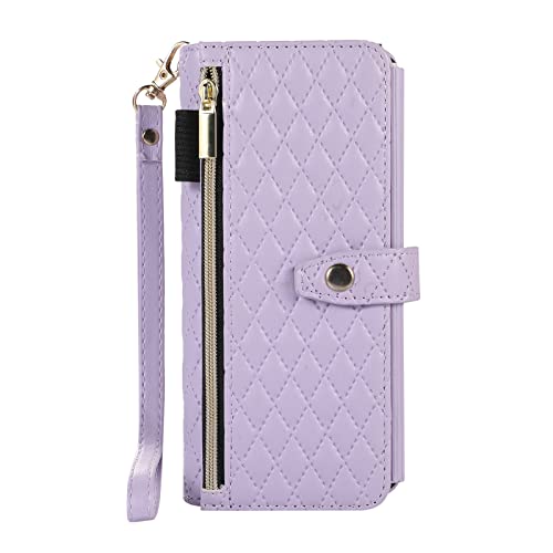 XIMAND for Samsung Galaxy Z Fold 3 5G Case, Luxury Shockproof PU Leather, Zipper Slot Card Wallet Case, Fashion Crossbody Gift (Purple)