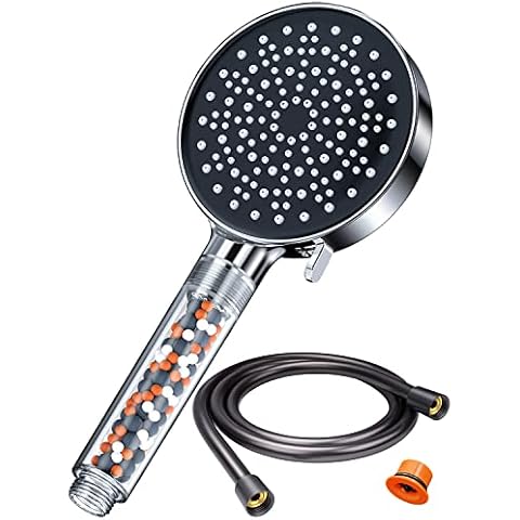 YEAUPE Water-Saving Shower Head with Hose 1.6 m Water-Saving Shower Head with Filter Energy Saving Pressure Increasing Shower Set with 6 Jet Types Chrome 7.5 L/Min. Grey Cover