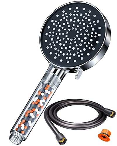 Yeaupe Alcachofa de ducha de ahorro de agua con manguera 1,75 m de ahorro de agua con filtro, aumento de presión de ahorro de energía, juego de ducha con 6 tipos de chorros, cromo 7,5 l/min Cover
