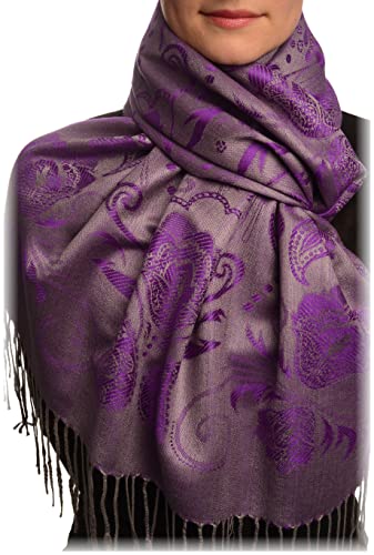 Écharpe effet pashmina violette aux motifs perles et finitions franges premium