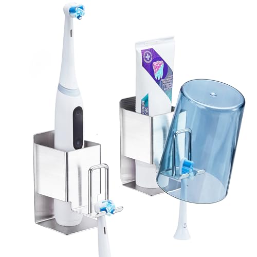 Toothbrush Holder Wall Mounted, 2PCS Electric Toothbrush Holder Wall Mount, Toothbrush Holders for Bathrooms, SUS304 Stainless Steel Toothbrush Wall Holders, Adhesive Toothbrush Head Holder (Silver)