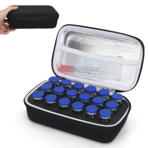 SUNMON 18-Slot Peptide Case Insulin Vial Holder & Fridge Organiser Compatible with 10ml U-100 Vials & GLP-1 Shockproof Hard Shell Medication Storage Bag (Black Large Capacity)