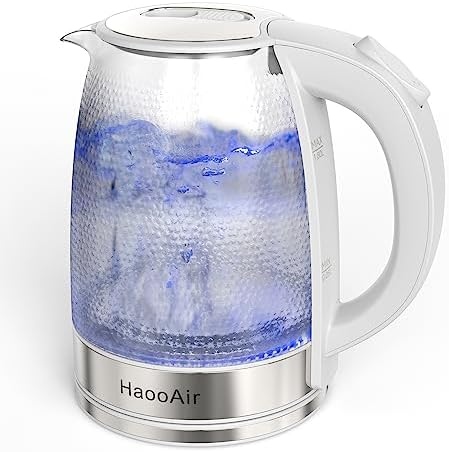 Haooair Electric Kettle, 1.8L Rapid Boil Hot Water Kettle, Wide Opening Glass Tea Kettle, BPA Free Led Indicator Auto Shut-Off & Boil-Dry Protection, White