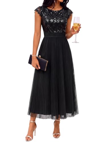 Ever-Pretty Women's Pleated Sequin Midi Formal Dresses Cocktail Dress Black