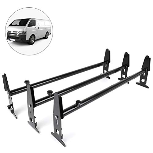 OCPTY Extendable Pick-Up Truck Ladder Rack Van Roof Mount 77  Steel Ladder Rack for Chevy Express for Dodge for Ford for GMC 77  with Rain Gutters (No Drilling) 3 Bars Set - Black,800lbs Capacity