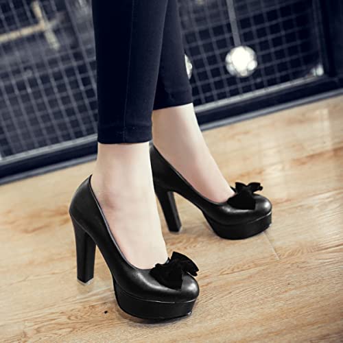 HuangTaiJi Qing Women's Cute Bow-Knot Platform High Heeled Pumps, Sweet Round Toe Slip on Dress Shoes for Party 5