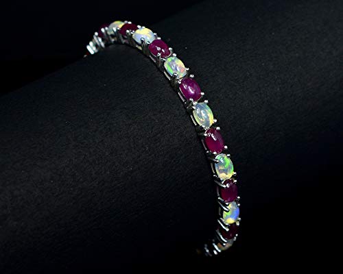 Natural 15.60 Ct Oval Ethiopian Rainbow Fire Opal & Red Ruby Gems October & July Birthstone 925 Sterling Silver Tennis Bracelet Birthday Gift For Her (Rhodium-Plated-Rose-Gold, 8.5) #TOP4