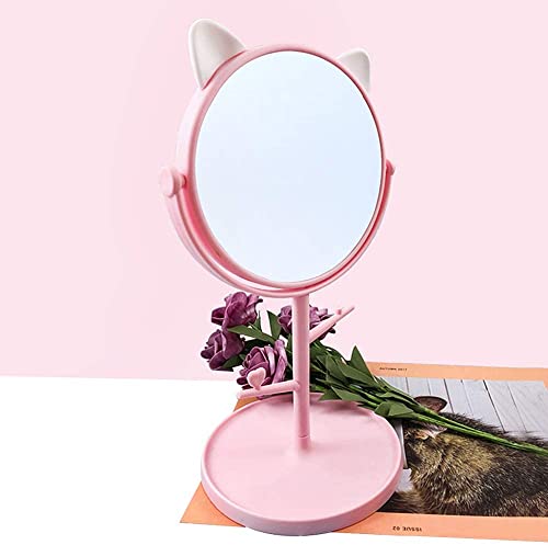 Image of Round Makeup Cosmetic Mirror Cute Cat Ears Shape Makeup Mirror for Bathroom or Bedroom with 180 Degree Swivel (Whie 379)