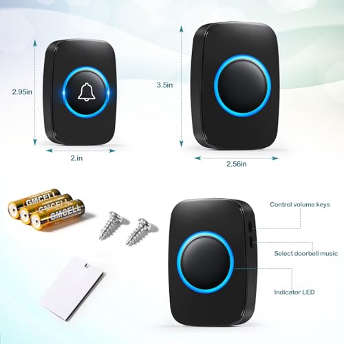 Blendura Funk-Türklingel Set, 300m Funkreichweite Türklingel IP44 Wasserdicht Elektronischer Türklingel Haustürklingel Empfängern, 60 Melodien, 5 Lautstärkestufen, Schwarz