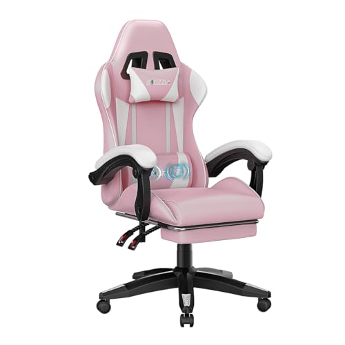 bigzzia Gaming chair with massage function, ergonomic gamer chair with footrest, headrest, lumbar cushion, height adjustment, tilt 90°-155°, gaming chair for gaming, work, relaxation (Pink and white)