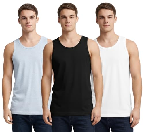 Bahob® New Mens Vest Multi Pack Lot Basic Regular Fitted Cotton Tank Top Athletic Soft Assorted Pack of 3 (3 Pack Black White Grey, L)