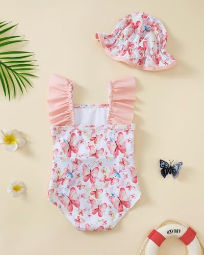 Image of Toddler Girl Swimsuit Baby Girl Bathing Suit Long Sleeve Floral Zipper One-Piece Rash Guard Swimsuit with Hat