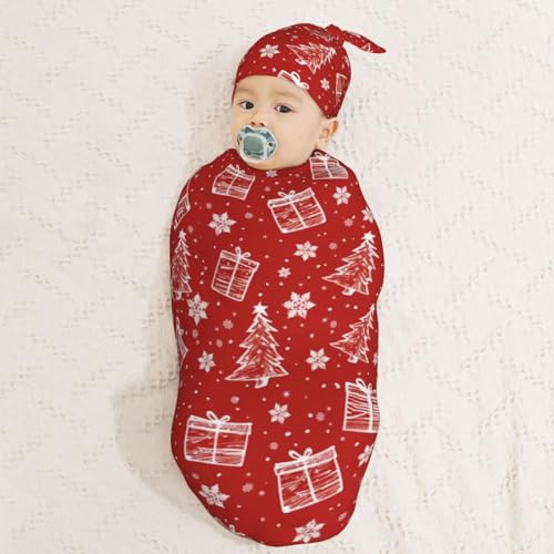 Image of Red Christmas Swaddle Blanket with Beanie Hat Set Newborn Swaddle Wrap Soft Baby Receiving Blankets Baby Swaddle Blanket for Baby Boys and Girls