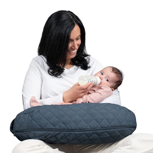 Image of Boppy Nursing Pillow, Luxe Ergonomic Breastfeeding & Baby Feeding Support | High, Firm, Large Area Cushion, Water-Repellent Liner, Washable Cover, Wider Opening, Flexible Fiber Fill -Quilted Slate Blue