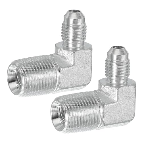 Image of PATIKIL 90 Degree Pipe Adapter, 2 Pcs 7 /16 inch Male 37 Flare JIC x 3 /8 inch BSPT Male Connector Carbon Steel Elbow Fitting for Air Hydraulic Fluid Fuel Water Oil, Silver