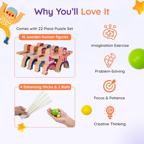 Image of TinkerBox Stack & Balance Human Tower | Wooden Interlocking Toy Set | Promotes Critical Thinking & Creativity | Early Learning Educational Game for Kids Children Boys Girls