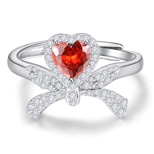 Dreamboat Red Heart Rings for Women Bow Rings Adjustable 925 Sterling Silver Birthday Anniversary Engagement Wedding Jewelry Gifts for Wife Mom