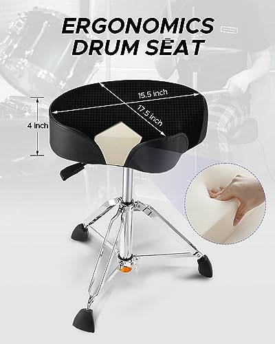 Starfavor Drum Throne Airlift Height Adjustable Padded Drum Stool, Heavy Duty Hydraulic Throne Motocycle Style, with Double Braced Anti-Slip Feet Saddle Drum Seat, ST-700