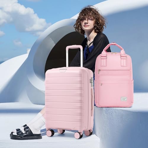 Image of LARVENDER Carry On Luggage 22x14x9 Airline Approved, Suitcases with Wheels | Hardside PP Carry On Suitcase with Backpack, Luggage Sets for Women Men, TSA Lock, Light Pink