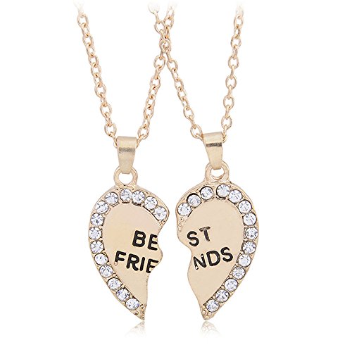 Ximei Two Tones Available BFF Best Friend 2 Pieces Heart Split Puzzle Pendant Necklace (Gold-Plated-Base)