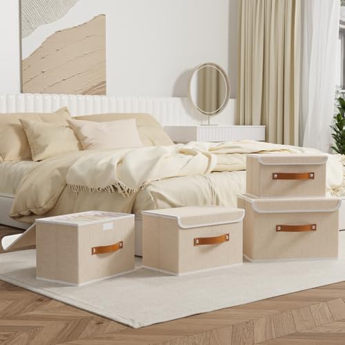 OUTBROS Cajas Almacenaje Lavable, Cubos de Ropa, Cesta de Almacenamiento Plegable, Juegos de Organizadoras con Tapa y Asa, Contenedores de Tela para Ropa, 33 x 23 x 20 cm, 3 unidades, Beige - imagen 2