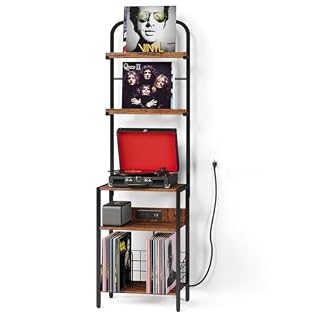 Record Player Stand with Power Outlet, Turntable Stand with 2-Tier Vinyl Record Storage, Record Player Table Up to 200 Albums, End Table for Vinyl Record Holder for Living Room - Les Beatles, Paul McCartney, John Lennon, RIngo Starr, George Harrison