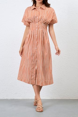 Image of MSBESYOR Women Button Front Pleated Shirt Maxi Dress Summer Striped Prints Short Sleeve Collar Casual Long Dresses
